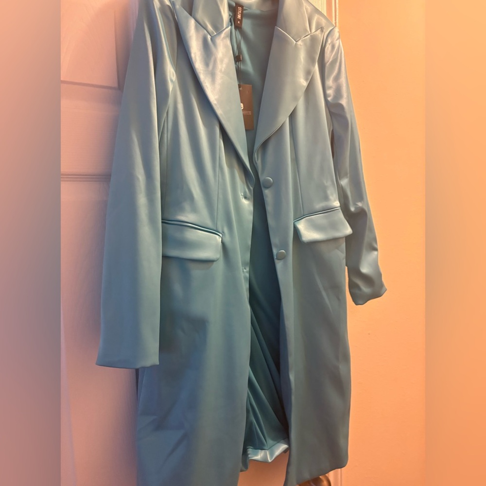 STYLEWE Satin Aqua Long Trench Coat NWT